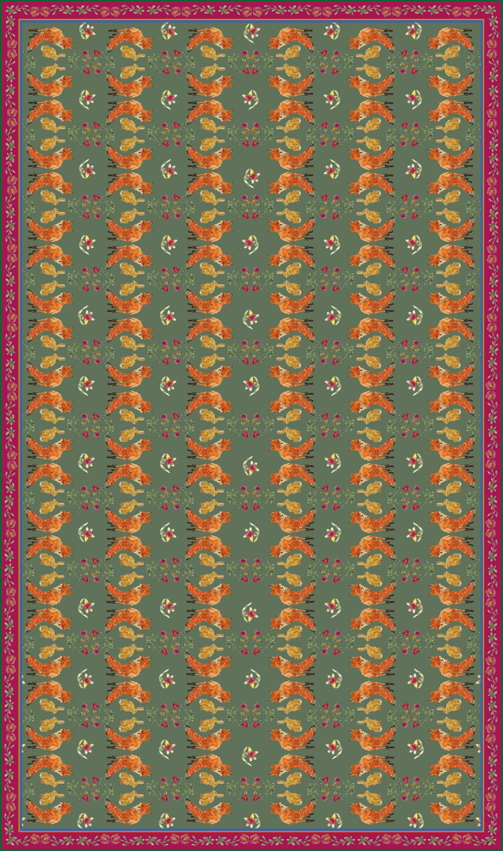 Nappe made in France à motifs renards et lièvres fond vert sauge