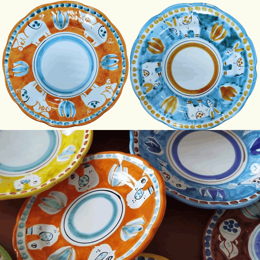 Lot d'assiettes plates à diner en céramique italienne artisanale à mixer