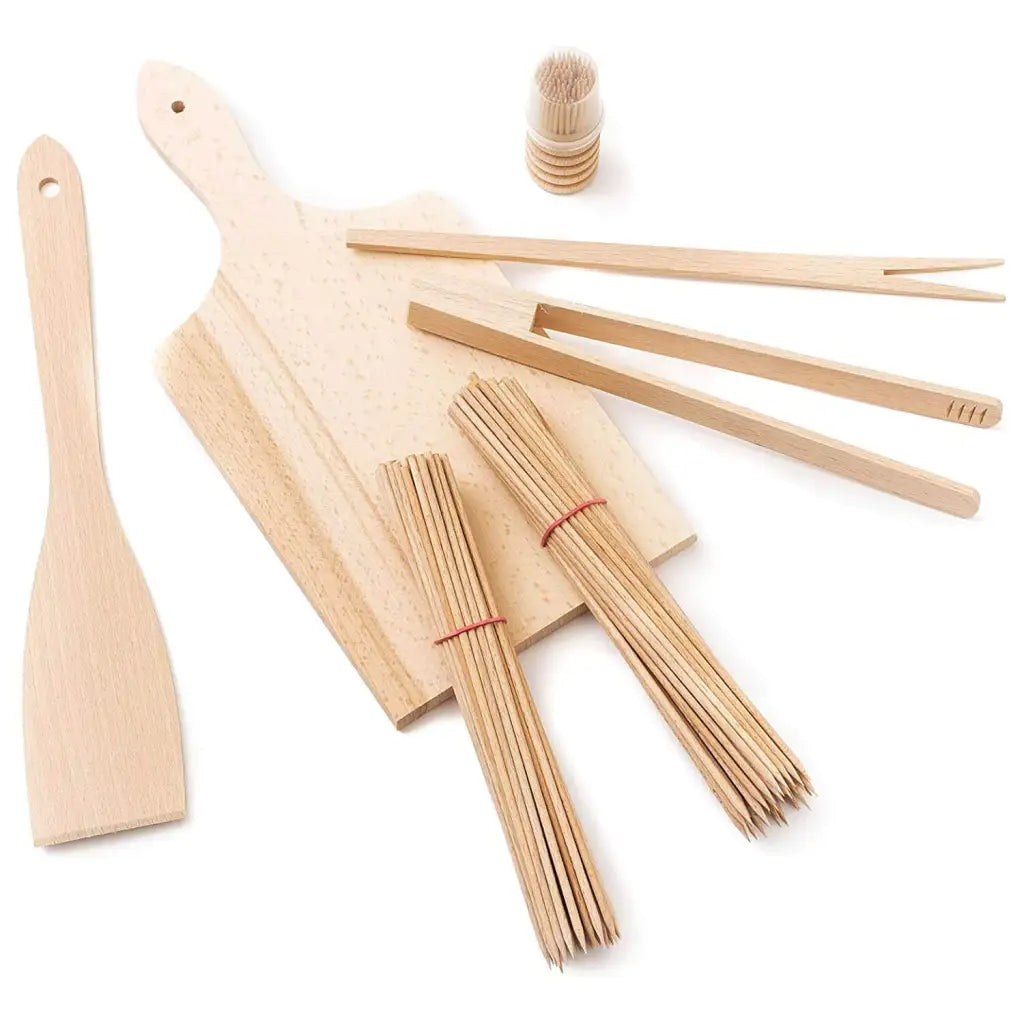 Kit d'ustensiles de barbecue en bois (planche à découper, spatule, pince à barbecue, fourchette, cure-dents, brochettes) Ustensiles à barbecue Tuuli