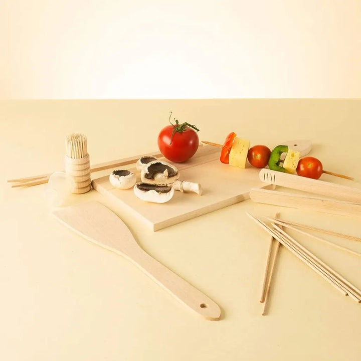 Kit d'ustensiles de barbecue en bois (planche à découper, spatule, pince à barbecue, fourchette, cure-dents, brochettes) Ustensiles à barbecue Tuuli